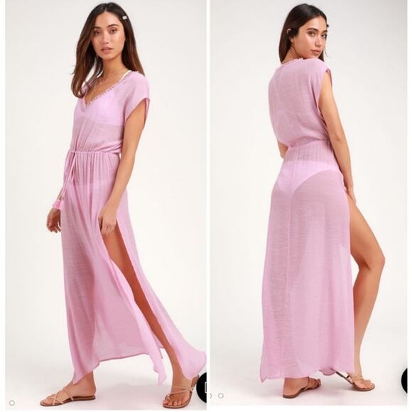 LULUS Espana Swim Coverup V-Neck Maxi Dress Pink Medium Resort Vacation Poolside - Picture 4 of 15